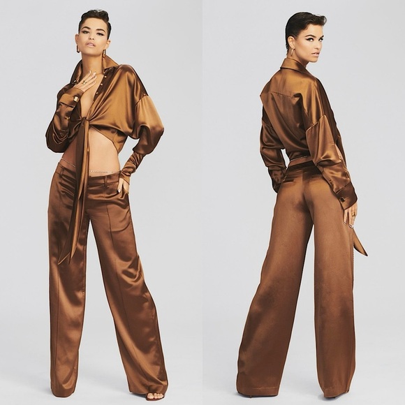 NWT RETROFETE Cognac Satin Low Rise Wide Leg Tailored Eliza Trousers M - Picture 1 of 9